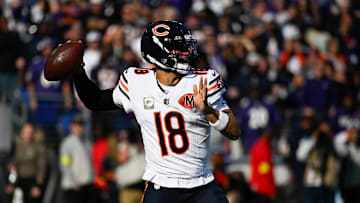 Oct 26, 2025; Baltimore, Maryland, USA;  Chicago Bears quarterback Caleb Williams (18) throws a pass during the fourth quarter against the Baltimore Ravens at M&T Bank Stadium. Mandatory Credit: Tommy Gilligan-Imagn Images