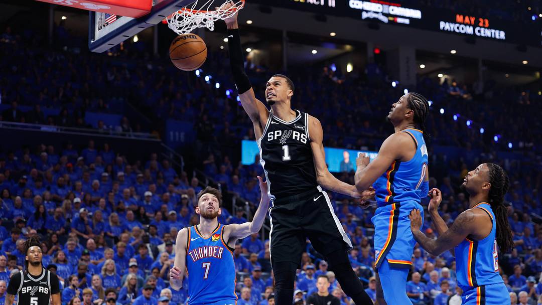 May 18, 2026; Oklahoma City, Oklahoma, USA; San Antonio Spurs center Victor Wembanyama (1) dunks the ball in the second quarter against the Oklahoma City Thunder during game one of the western conference finals for the 2026 NBA playoffs at Paycom Center. Mandatory Credit: Alonzo Adams-Imagn Images