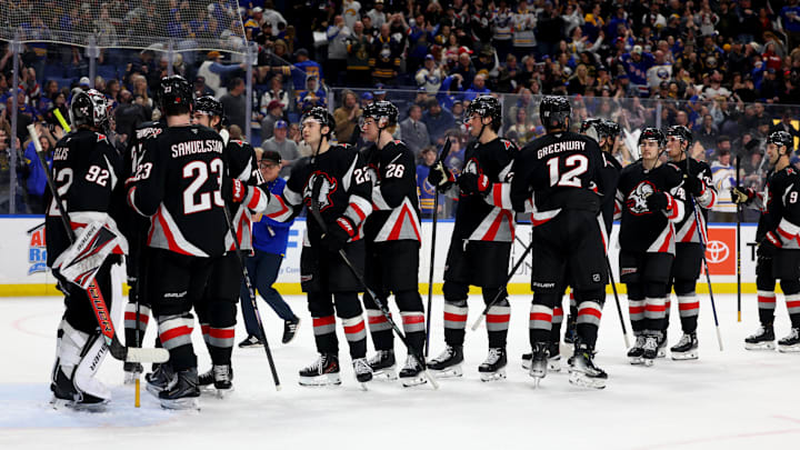 Apr 9, 2026; Buffalo, New York, USA;  The Buffalo Sabres celebrate a win over the Columbus Blue Jackets at KeyBank Center. Mandatory Credit: Timothy T. Ludwig-Imagn Images