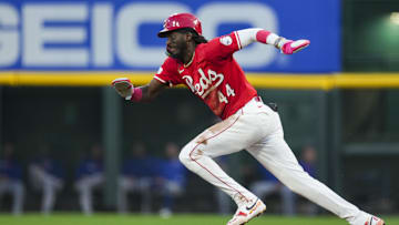 Sep 20, 2025; Cincinnati, Ohio, USA; Cincinnati Reds shortstop Elly De La Cruz (44) steals second base against the Chicago Cubs in the second inning at Great American Ball Park. Mandatory Credit: Aaron Doster-Imagn Images