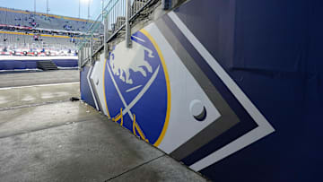 Mar 13, 2022; Hamilton, Ontario, CAN; \The logo off the Buffalo Sabres in the tunnel of the 2022 Heritage Classic ice hockey game against the Toronto Maple Leafs at Tim Hortons Field. Mandatory Credit: John E. Sokolowski-Imagn Images