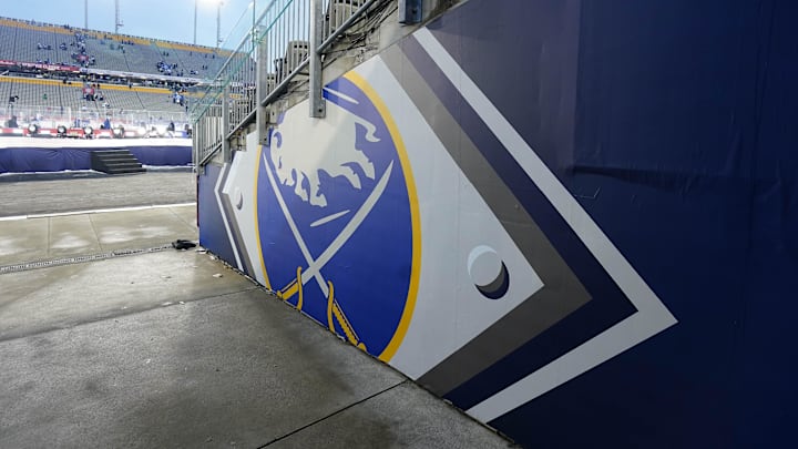 Mar 13, 2022; Hamilton, Ontario, CAN; \The logo off the Buffalo Sabres in the tunnel of the 2022 Heritage Classic ice hockey game against the Toronto Maple Leafs at Tim Hortons Field. Mandatory Credit: John E. Sokolowski-Imagn Images