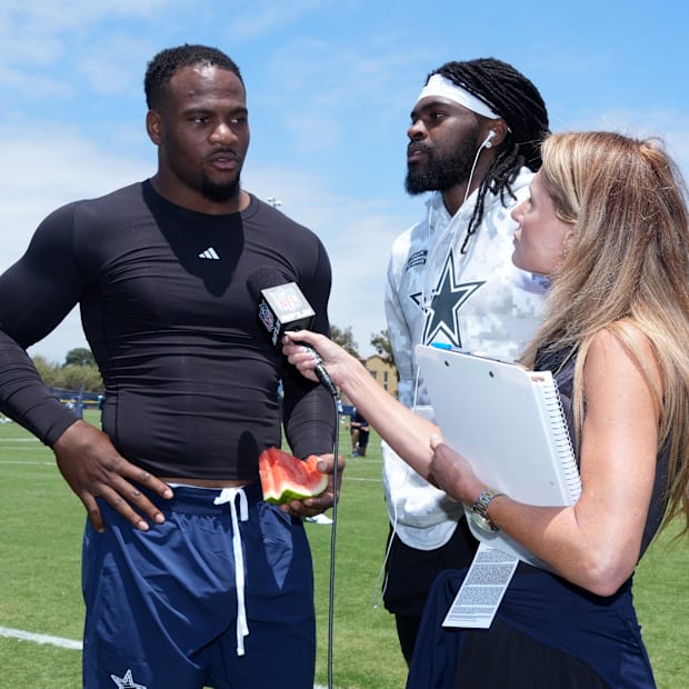 NFL Network reporter Jane Slater interviews Dallas Cowboys defensive end Micah Parsons and cornerback Trevon Diggs.