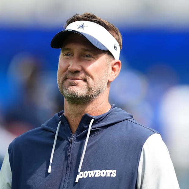 Dallas Cowboys coach Brian Schottenheimer reacts during the game against the Los Angeles Rams at SoFi Stadium.