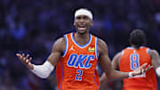 Dec 10, 2025; Oklahoma City, Oklahoma, USA; Oklahoma City Thunder guard Shai Gilgeous-Alexander (2) reacts after a play against the Phoenix Suns during the second quarter at Paycom Center. Mandatory Credit: Alonzo Adams-Imagn Images