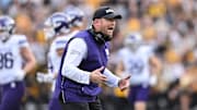 Oct 26, 2024; Iowa City, Iowa, USA; Northwestern Wildcats head coach David Braun reacts during the third quarter against the Iowa Hawkeyes at Kinnick Stadium. Mandatory Credit: Jeffrey Becker-Imagn Images