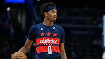 Mar 5, 2025; Washington, District of Columbia, USA; Washington Wizards guard Bilal Coulibaly (0) handles the ball during the second quarter against the Utah Jazz at Capital One Arena. Mandatory Credit: Reggie Hildred-Imagn Images