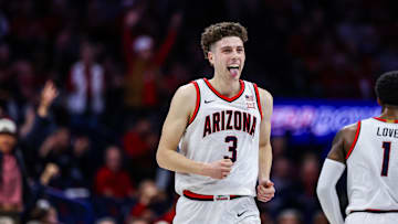 Dec 18, 2024; Tucson, Arizona, USA; Arizona Wildcats guard Anthony Dell’Orso (3) celebrates a three point shot made against the Samford Bulldogs during the first half at McKale Center. Mandatory Credit: Aryanna Frank-Imagn Images