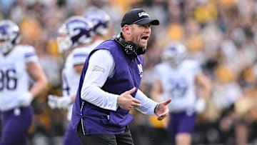 Oct 26, 2024; Iowa City, Iowa, USA; Northwestern Wildcats head coach David Braun reacts during the third quarter against the Iowa Hawkeyes at Kinnick Stadium. Mandatory Credit: Jeffrey Becker-Imagn Images