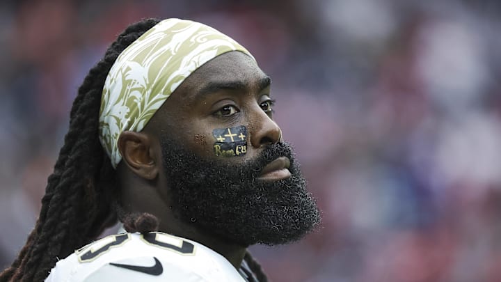 Oct 15, 2023; Houston, Texas, USA; New Orleans Saints linebacker Demario Davis (56) looks on before the game against the Houston Texans at NRG Stadium. Oct 15, 2023; Houston, Texas, USA; New Orleans Saints linebacker Demario Davis (56) looks on before the game against the Houston Texans at NRG Stadium.