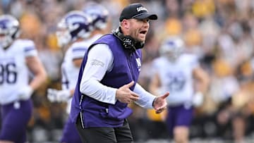 Oct 26, 2024; Iowa City, Iowa, USA; Northwestern Wildcats head coach David Braun reacts during the third quarter against the Iowa Hawkeyes at Kinnick Stadium. Mandatory Credit: Jeffrey Becker-Imagn Images