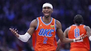 Dec 10, 2025; Oklahoma City, Oklahoma, USA; Oklahoma City Thunder guard Shai Gilgeous-Alexander (2) reacts after a play against the Phoenix Suns during the second quarter at Paycom Center. Mandatory Credit: Alonzo Adams-Imagn Images