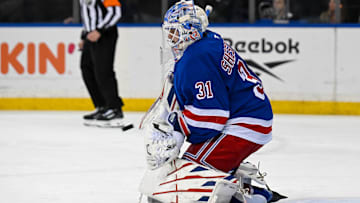 Mar 20, 2025; New York, New York, USA;  New York Rangers goaltender Igor Shesterkin (31) makes a save against the Toronto Maple Leafs during the first period at Madison Square Garden. Mandatory Credit: Dennis Schneidler-Imagn Images