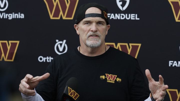 Jun 5, 2024; Ashburn, VA, USA; Washington Commanders head coach Dan Quinn speaks with the media prior to an OTA workout at Commanders Park. Mandatory Credit: Geoff Burke-USA TODAY Sports