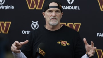 Jun 5, 2024; Ashburn, VA, USA; Washington Commanders head coach Dan Quinn speaks with the media prior to an OTA workout at Commanders Park. Mandatory Credit: Geoff Burke-USA TODAY Sports