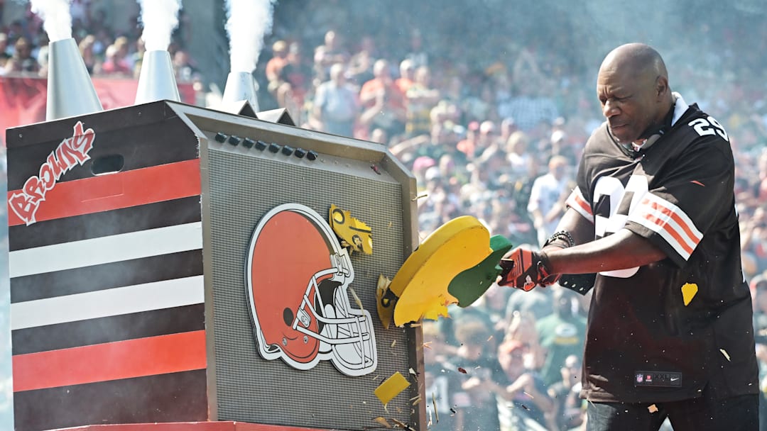 Sep 21, 2025; Cleveland, Ohio, USA; Former Cleveland Browns player Hanford Dixon breaks a Green Bay Packers guitar before the game between the Browns and the Packers at Huntington Bank Field. Mandatory Credit: Ken Blaze-Imagn Images
