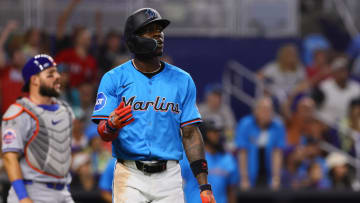 Jul 21, 2024; Miami, Florida, USA; Miami Marlins designated hitter Jazz Chisholm Jr. (2) looks on after hitting a three-run home run against the New York Mets during the fourth inning at loanDepot Park. Mandatory Credit: Sam Navarro-USA TODAY Sports