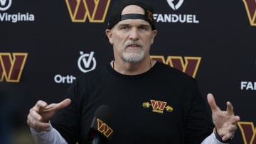 Jun 5, 2024; Ashburn, VA, USA; Washington Commanders head coach Dan Quinn speaks with the media prior to an OTA workout at Commanders Park. Mandatory Credit: Geoff Burke-USA TODAY Sports