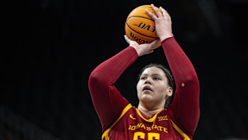 Mar 7, 2025; Kansas City, MO, USA; Iowa State Cyclones center Audi Crooks (55) shoots a free throw against the Baylor Lady Bears in the second half at T-Mobile Center. Mandatory Credit: Amy Kontras-Imagn Images