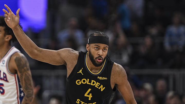 Moses Moody reacts after a three point basket during the second period against the Philadelphia 76ers at Chase Center