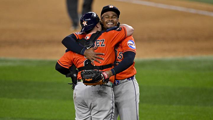 May 25, 2026; Arlington, Texas, USA;  Houston Astros relief pitcher Alimber Santa (72) and catcher Christian Vazquez (2) celebrate on the field after the Astros pitch a combined no hitter against the Texas Rangers at Globe Life Field. Mandatory Credit: Jerome Miron-Imagn Images