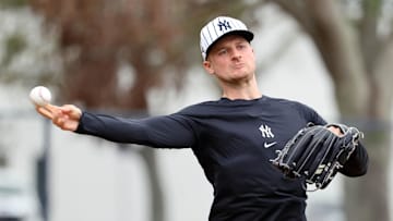 Feb 20, 2025; Tampa, FL, USA; New York Yankees pitcher Clarke Schmidt (36) during work outs at George M. Steinbrenner Field. 