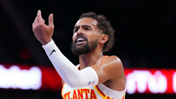 Hawks guard Trae Young (11) reacts during game against the Orlando Magic. 