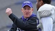 Chris Klieman talks to a player at a football practice in Manhattan, Kan. at Bill Snyder Family Stadium. Mandatory Credit: Scott D. Weaver/K-State Athletics.