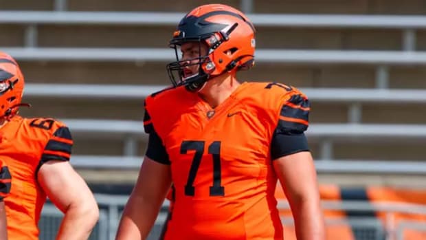 Princeton offensive lineman Jalen Travis (71) looks on during a game.