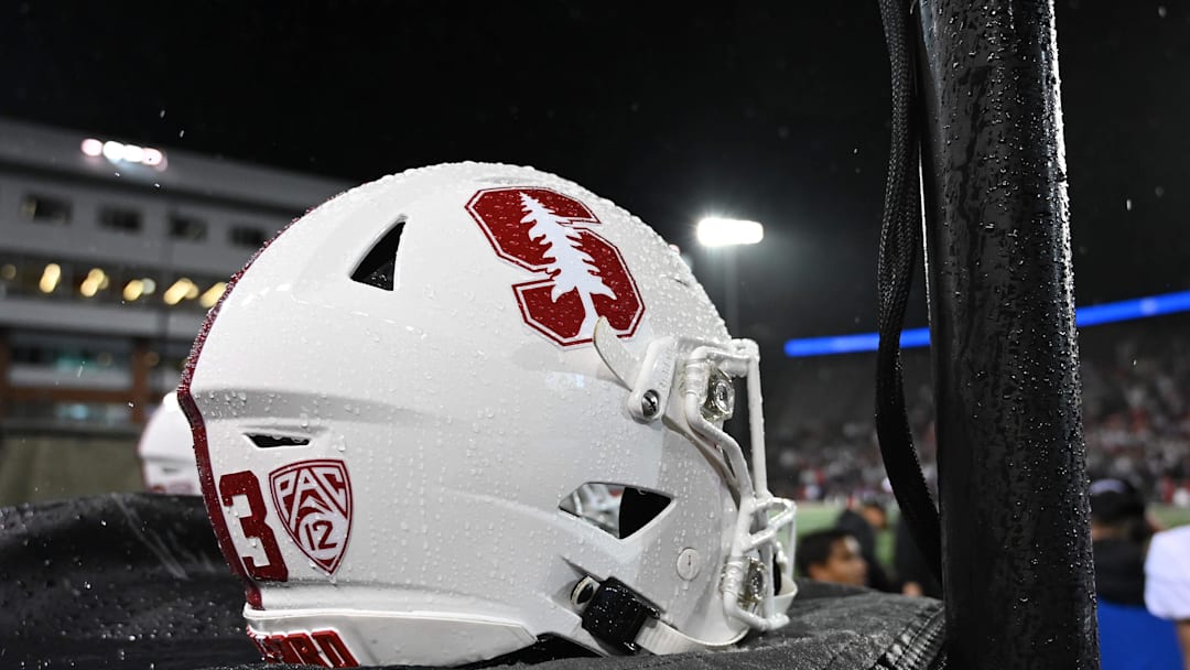 Nov 4, 2023; Pullman, Washington, USA; Stanford Cardinal helmet sits against the Washington State Cougars in the first half at Gesa Field at Martin Stadium. Mandatory Credit: James Snook-Imagn Images