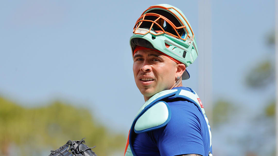 Feb 17, 2026; Port St. Lucie, FL, USA;  New York Mets catcher Francisco Alvarez (4) waits to catch batting practice during the New York Mets spring training workouts at Clover Park. Mandatory Credit: Reinhold Matay-Imagn Images