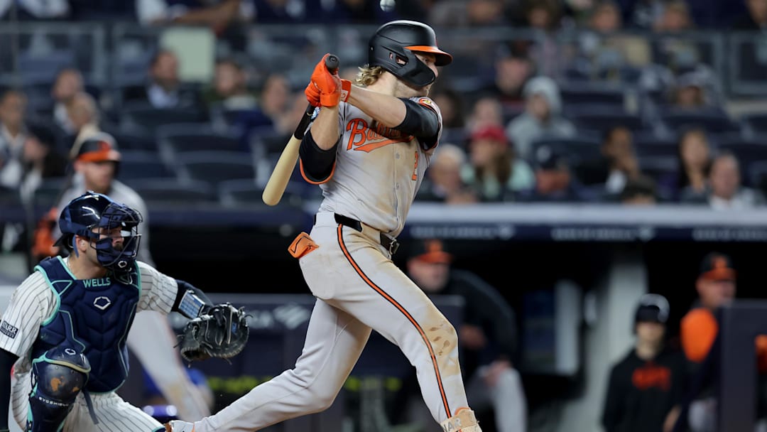 Sep 25, 2024; Bronx, New York, USA; Baltimore Orioles shortstop Gunnar Henderson (2) follows through on a two run single against the New York Yankees during the fourth inning at Yankee Stadium. Sep 25, 2024; Bronx, New York, USA; Baltimore Orioles shortstop Gunnar Henderson (2) follows through on a two run single against the New York Yankees during the fourth inning at Yankee Stadium.