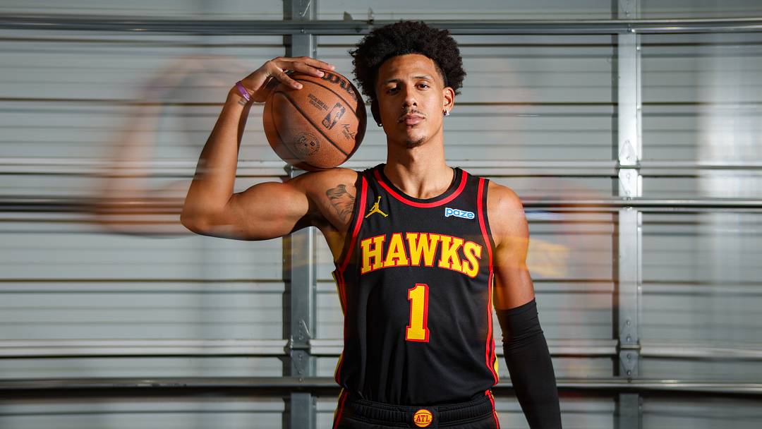 Sep 28, 2026; Atlanta, GA, USA; Atlanta Hawks forward Jalen Johnson (1) poses for a photo at media day. Mandatory Credit: Brett Davis-Imagn Images