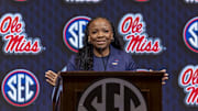 Oct 16, 2024; Birmingham, AL, USA; Ole Miss Rebels head coach Yolett McPhee-McCuin talks with the media during SEC Media Days at Grand Bohemian Hotel. Mandatory Credit: Vasha Hunt-Imagn Images