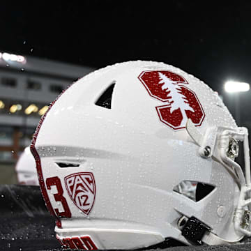 Nov 4, 2023; Pullman, Washington, USA; Stanford Cardinal helmet sits against the Washington State Cougars in the first half at Gesa Field at Martin Stadium. Mandatory Credit: James Snook-Imagn Images