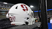 Nov 4, 2023; Pullman, Washington, USA; Stanford Cardinal helmet sits against the Washington State Cougars in the first half at Gesa Field at Martin Stadium. Mandatory Credit: James Snook-Imagn Images
