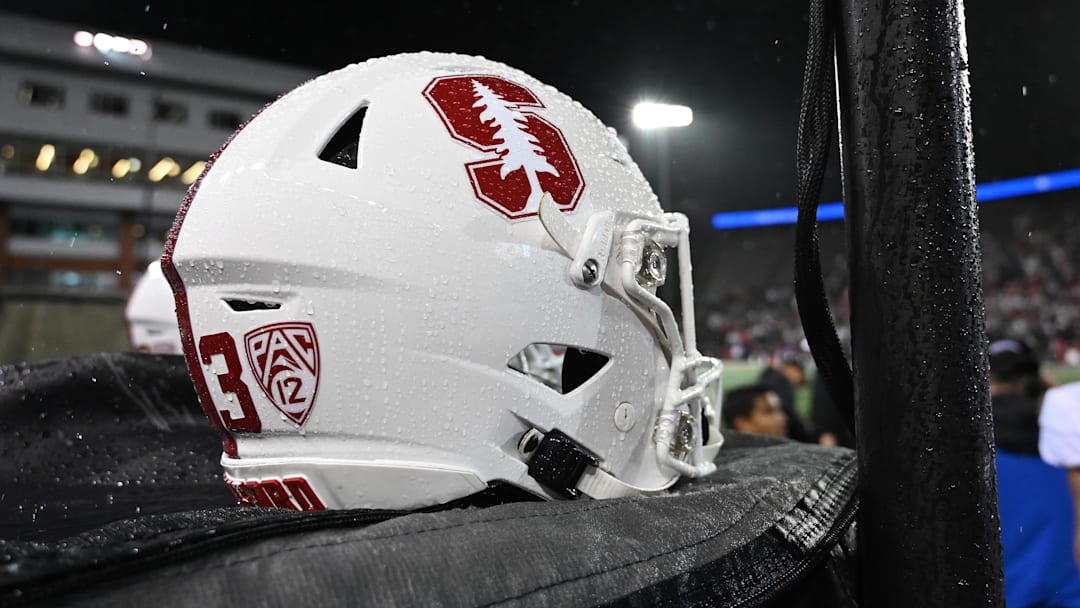 Nov 4, 2023; Pullman, Washington, USA; Stanford Cardinal helmet sits against the Washington State Cougars in the first half at Gesa Field at Martin Stadium. Mandatory Credit: James Snook-Imagn Images