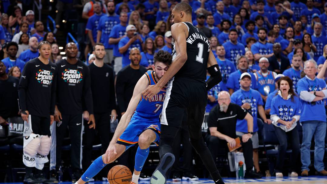 May 30, 2026; Oklahoma City, Oklahoma, USA; Oklahoma City Thunder center Chet Holmgren (7) drives against San Antonio Spurs forward Victor Wembanyama (1) in the fourth quarter during game seven of the western conference finals for the 2026 NBA playoffs at Paycom Center. Mandatory Credit: Alonzo Adams-Imagn Images May 30, 2026; Oklahoma City, Oklahoma, USA; Oklahoma City Thunder center Chet Holmgren (7) drives against San Antonio Spurs forward Victor Wembanyama (1) in the fourth quarter during game seven of the western conference finals for the 2026 NBA playoffs at Paycom Center. Mandatory Credit: Alonzo Adams-Imagn Images