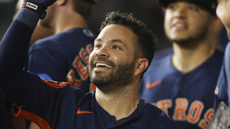 Sep 5, 2023; Arlington, Texas, USA; Houston Astros second baseman Jose Altuve (27) is congratulated