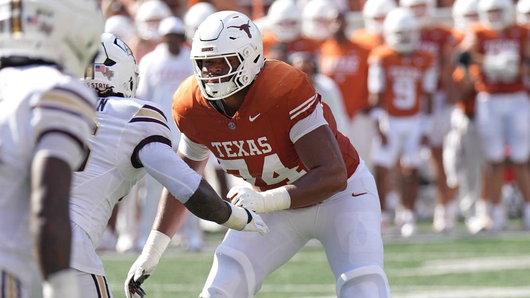 Texas Longhorns offensive lineman Trevor Goosby (74) prepares to block during the third quarter against the Texas State Bobcats at Darrell K Royal-Texas Memorial Stadium.  