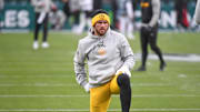 T.J. Watt warms up before the Steelers' game against the Eagles in 2024.