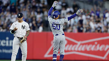 Mookie Betts celebrates an extra-base hit against the New York Yankees, setting precedent for the Los Angeles Dodgers v Yankees 2024 World Series