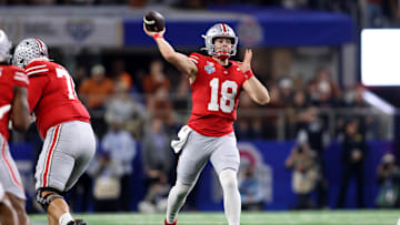 Jan 10, 2025; Arlington, Texas, USA; Ohio State Buckeyes quarterback Will Howard (18) throws during the first quarter of the College Football Playoff semifinal against the Texas Longhorns in the Cotton Bowl at AT&T Stadium. Mandatory Credit: Tim Heitman-USA TODAY Sports