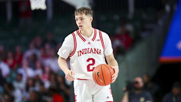 Nov 29, 2024; Paradise Island, Bahamas, BHS;  Indiana Hoosiers guard Gabe Cupps (2) dribbles against the Providence Friars during the first half at Imperial Arena at the Atlantis resort.  Mandatory Credit: Kevin Jairaj-Imagn Images
