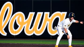 Iowa’s Gable Mitchell (2) leads off of first base during a Big Ten conference baseball game against Oregon May 15, 2025 at Duane Banks Field in Iowa City, Iowa.