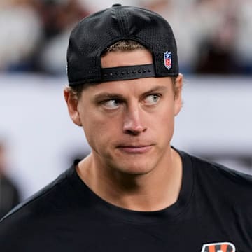 Injured Cincinnati Bengals quarterback Joe Burrow (9) walks the field shaking hands after the NFL Week 7 game between the Cincinnati Bengals and the Pittsburgh Steelers at Paycor Stadium in downtown Cincinnati on Thursday, Oct. 16, 2025. The Bengals won, 33-31.