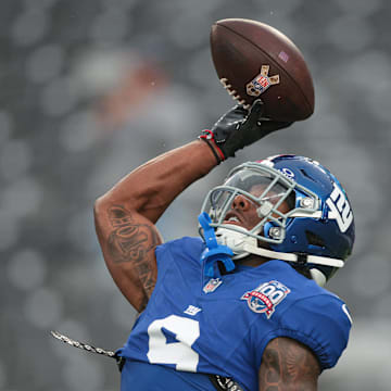 Aug 8, 2024; East Rutherford, New Jersey, USA; New York Giants wide receiver Malik Nabers (9) makes a catch during warm-ups before the game against the Detroit Lions at MetLife Stadium.  