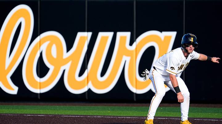 Iowa’s Gable Mitchell (2) leads off of first base during a Big Ten conference baseball game against Oregon May 15, 2025 at Duane Banks Field in Iowa City, Iowa.