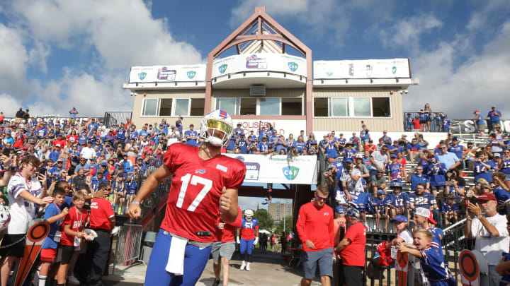 With a packed stands screaming his name, Bills quarterback Josh Allen runs onto the field on the last day of the Buffalo Bills training camp at St John Fisher University in Rochester Thursday, Aug. 11, 2022.

Sd 081122 Bills Camp 2 Spts