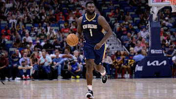 Nov 6, 2024; New Orleans, Louisiana, USA;  New Orleans Pelicans forward Zion Williamson (1) dribbles against the Cleveland Cavaliers during the first half at Smoothie King Center. Mandatory Credit: Matthew Hinton-Imagn Images